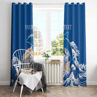Blue window curtain pair with Parthenon and dolphin waves; hanging loops at top.