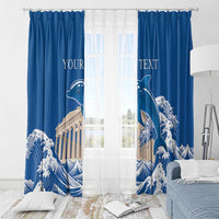 Blue window curtain pair with Parthenon and dolphin waves; top hanging rings visible.