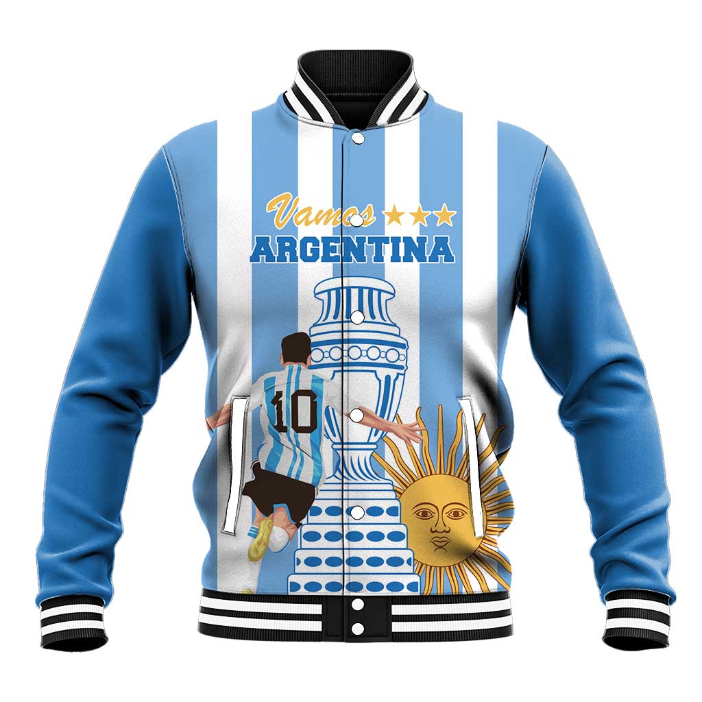 Baseball varsity jacket, blue sleeves and white front with Argentina graphic, striped rib trim