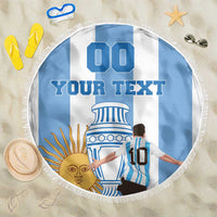 Round blue-and-white striped beach blanket with fringe edge, custom text and 00 graphic