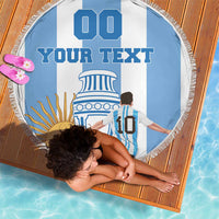 Round football beach blanket in blue and white stripes with fringe edge and custom text
