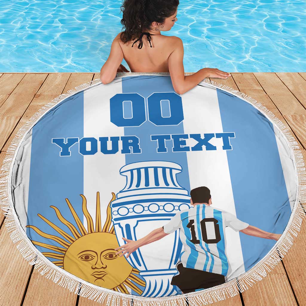 Round Argentina football beach blanket in blue and white stripes with fringe trim and custom text