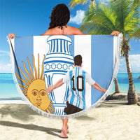 Round beach blanket with fringe edge featuring a blue-and-white football theme and custom text