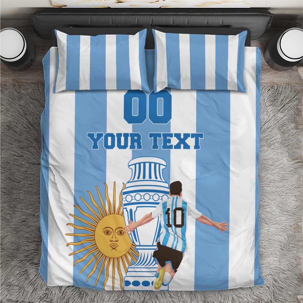 Blue-and-white striped Argentina football bedding set with central graphic and “YOUR TEXT”