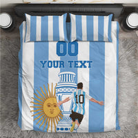 Blue-and-white striped Argentina football bedding set with central graphic and “YOUR TEXT”