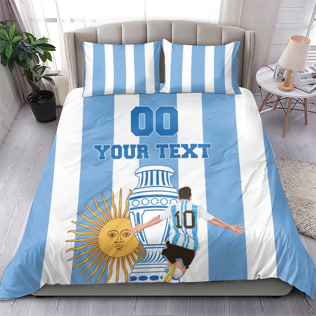 Argentina themed bedding set in blue-and-white stripes with “YOUR TEXT” pillow and duvet