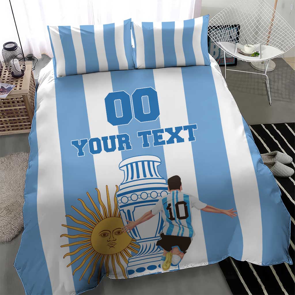 Blue-and-white striped duvet cover with “YOUR TEXT” and football-themed crest graphic