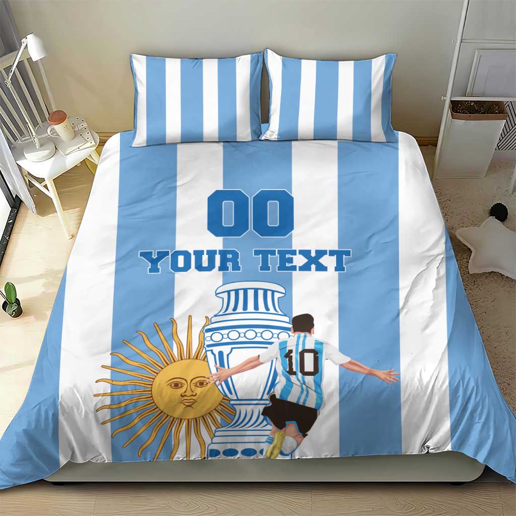 Argentina football bedding set featuring blue stripes, “YOUR TEXT,” and two matching pillows
