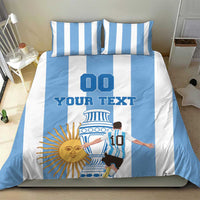 Argentina football bedding set featuring blue stripes, “YOUR TEXT,” and two matching pillows