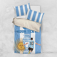 Blue-and-white striped bedding set with “YOUR TEXT” print and football-themed characters