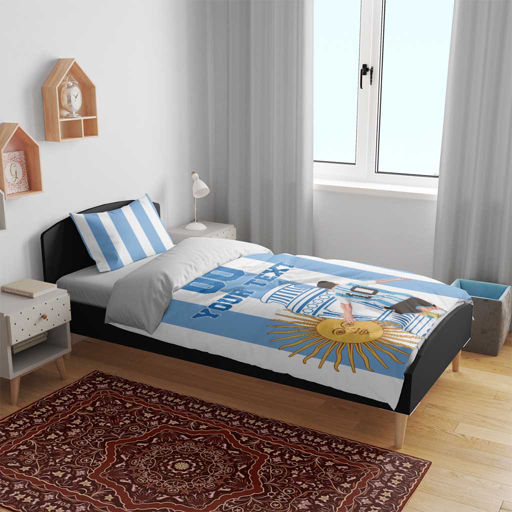 Argentina-themed bedding set with blue stripes and “YOUR TEXT” graphic on duvet and pillows