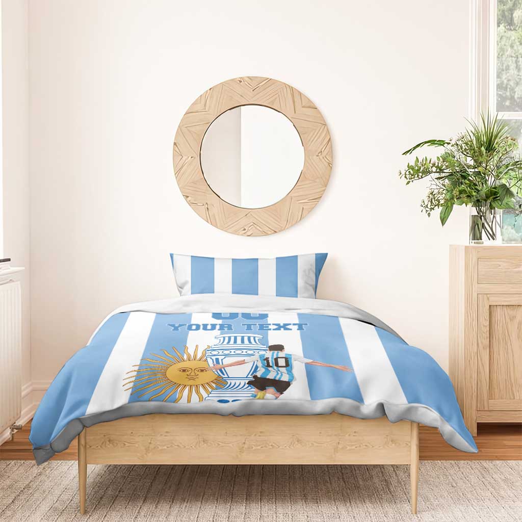Blue-and-white Argentina football bedding set with “YOUR TEXT” graphic on duvet front