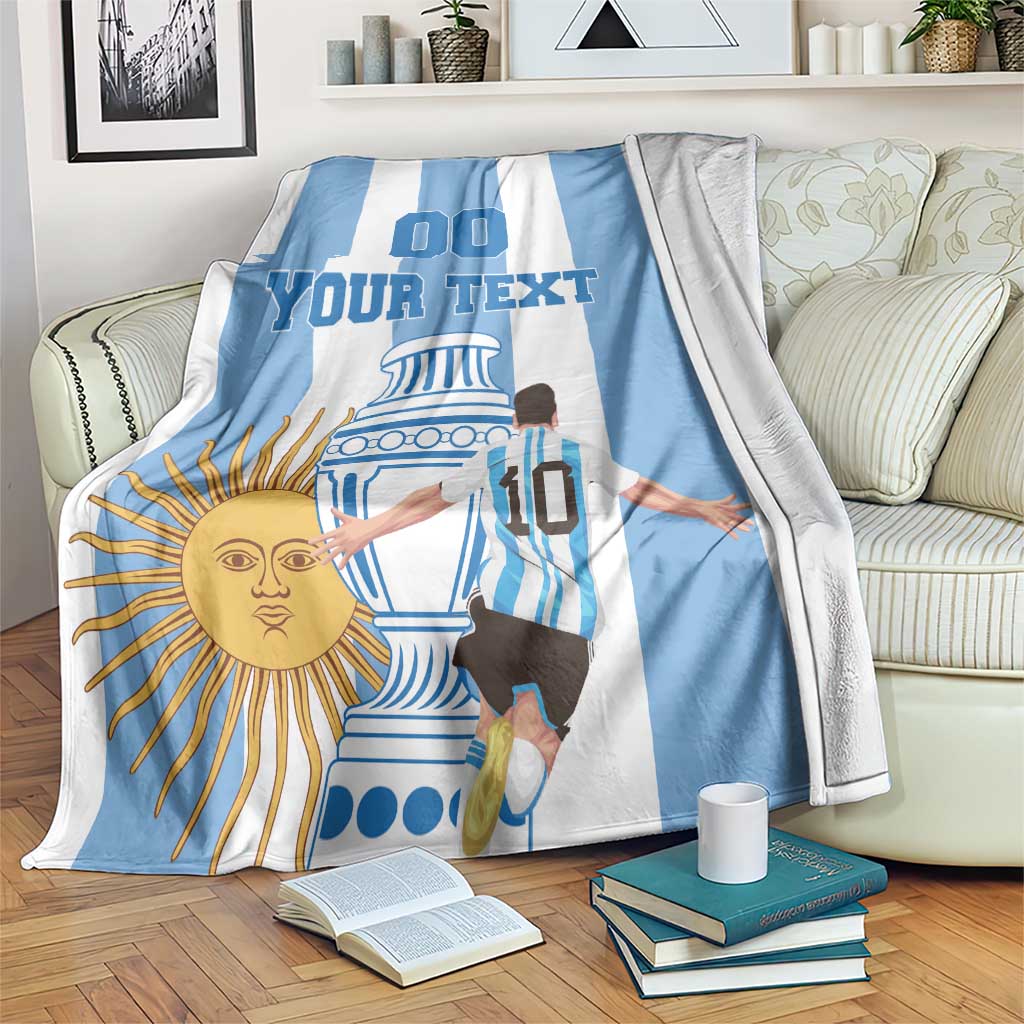 Argentina-themed football blanket with blue-and-white stripes and sun-and-statue graphic, plush