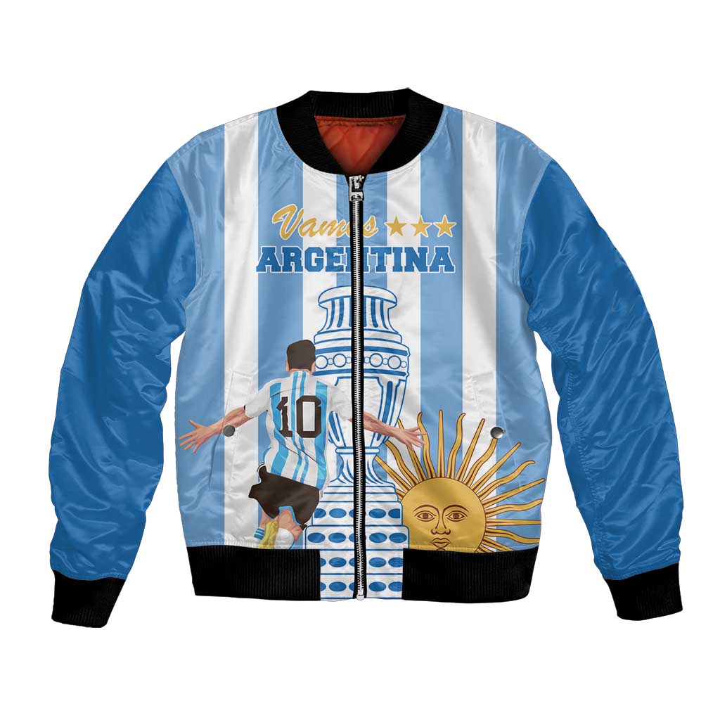 Unisex bomber jacket with Argentina-themed front graphic, blue/white stripes and black cuffs
