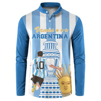 Blue and white striped button sweatshirt with Argentina graphic and gold stars