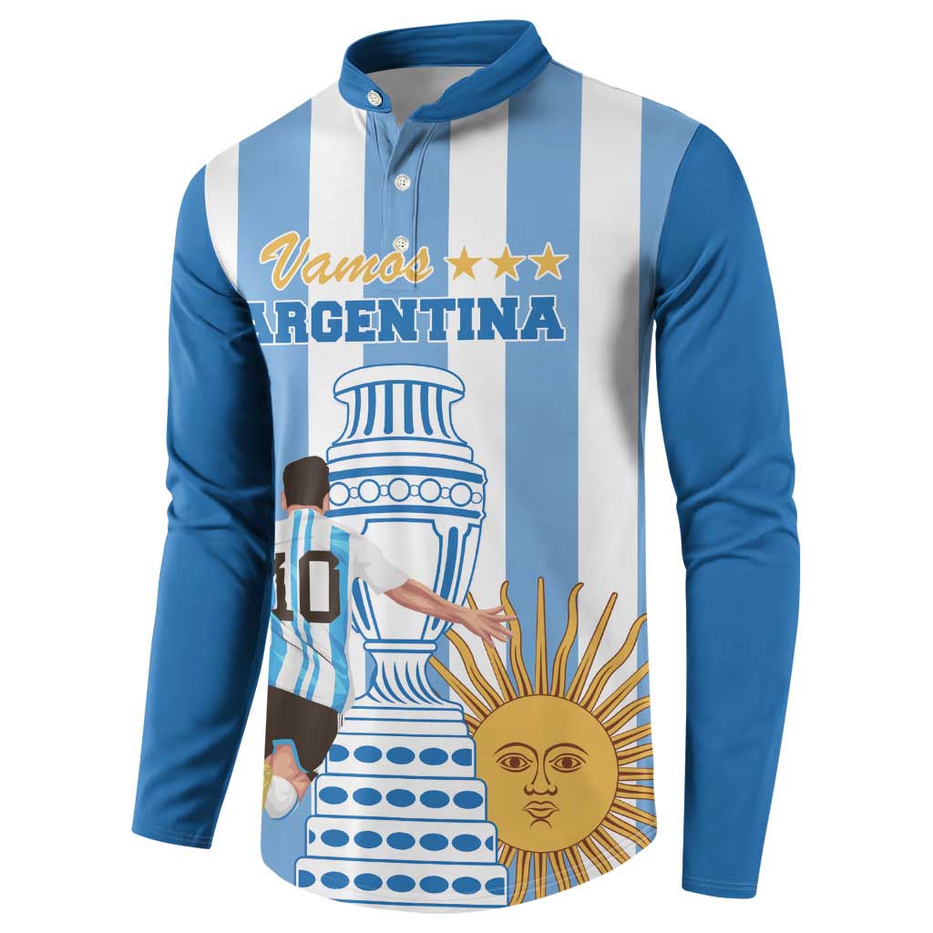 Blue and white striped button sweatshirt with Argentina graphic and gold stars, front