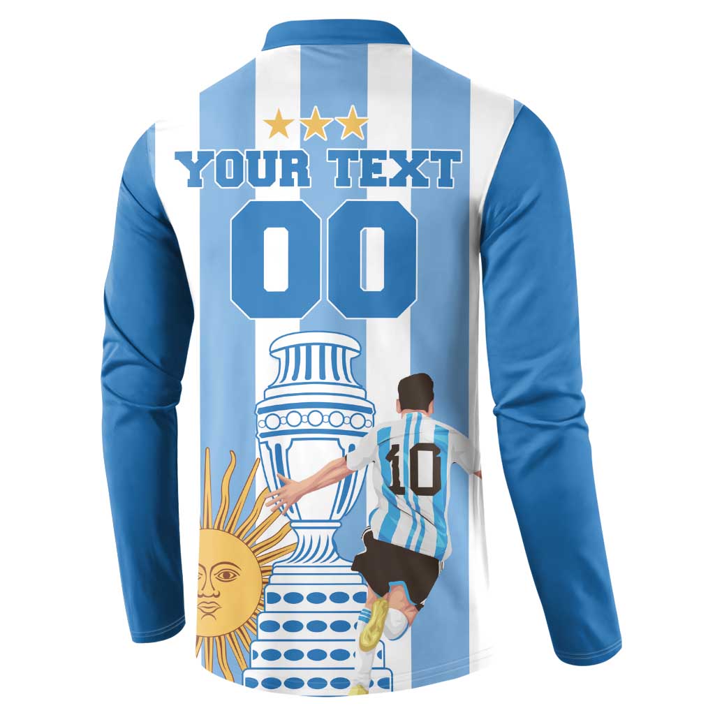 Blue and white striped button sweatshirt, back with YOUR TEXT 00 Argentina art
