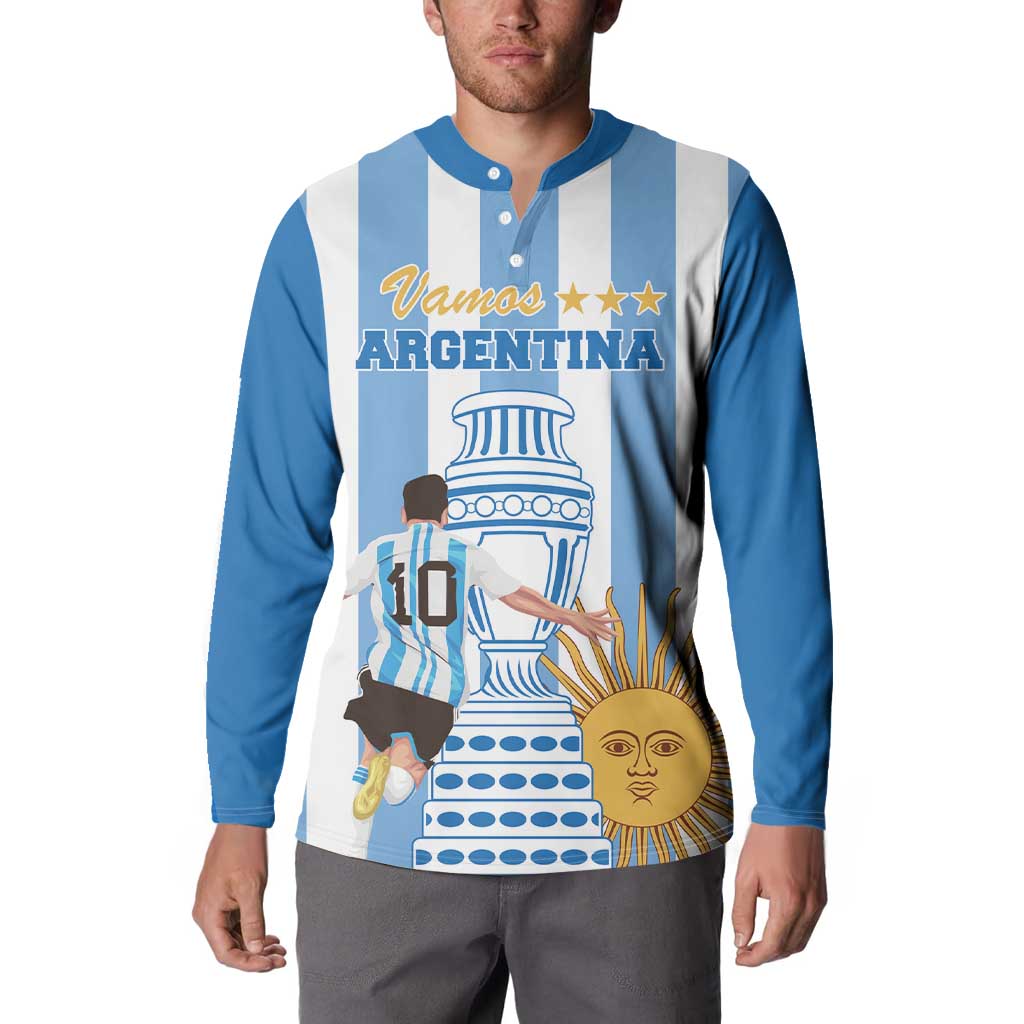 Blue and white button sweatshirt with Argentina graphic, player and trophy illustration