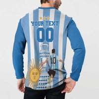 Blue and white button sweatshirt, back with YOUR TEXT 00 and Argentina football graphic