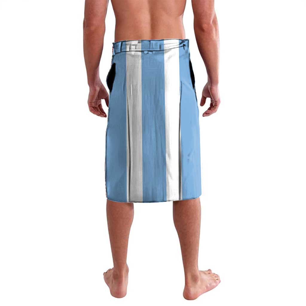 Football lavalava shorts with blue-and-white vertical stripes, back view