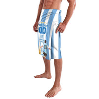 Football lavalava shorts with blue-and-white stripes and left-side front graphic
