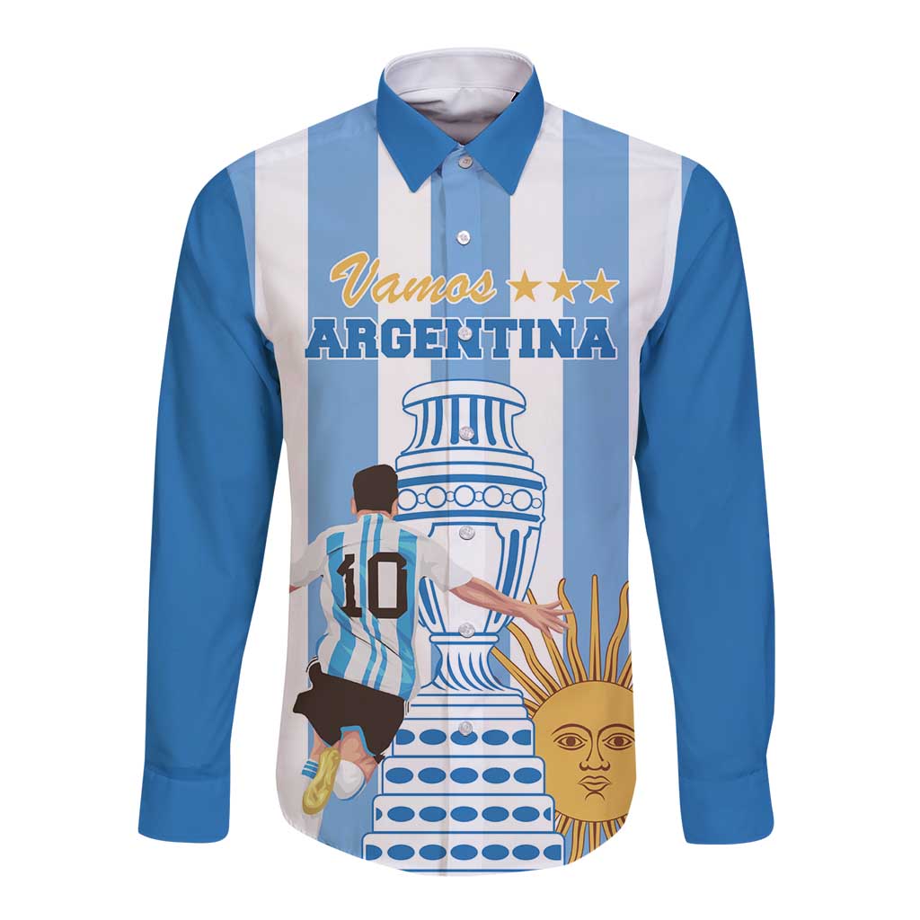Blue and white striped long-sleeve button football shirt with Argentina graphic and stars
