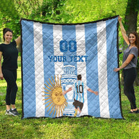 Argentina football quilt hanging outdoors, blue-and-white stripes with custom text and crest