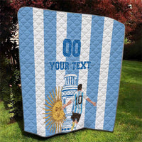 Argentina football quilt, folded view with blue-and-white diagonal stripes and custom text