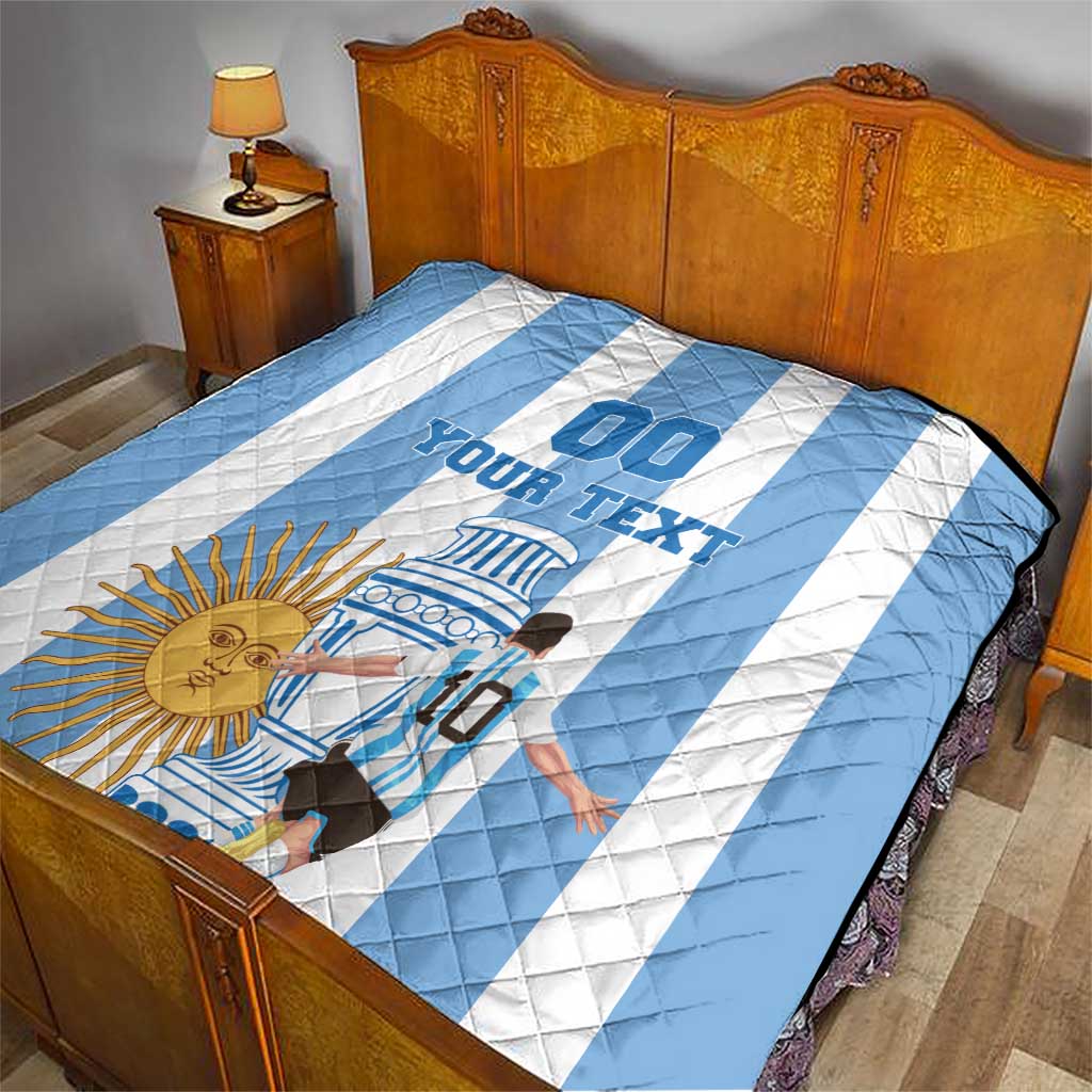 Argentina football quilt on bed, blue-and-white stripes with custom text and team crest