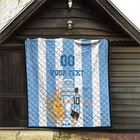 Argentina football quilt on porch, blue-and-white stripes with custom text and sun face