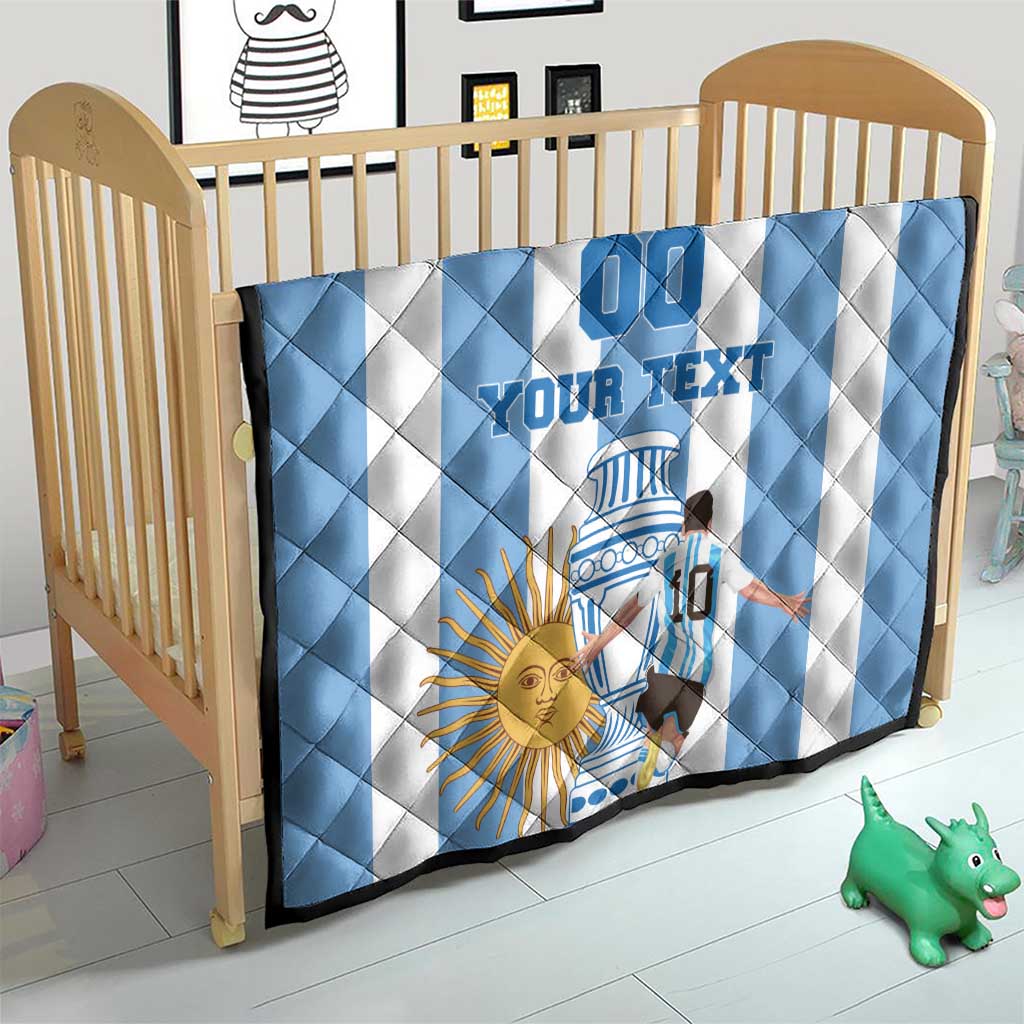 Argentina football quilt on crib, blue-and-white stripes with custom text and emblem