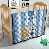 Argentina football quilt on crib, blue-and-white stripes with custom text and emblem
