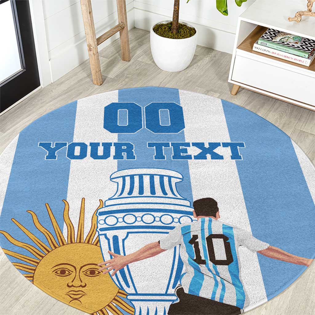 Round blue-and-white printed carpet with custom text and Argentina-themed sun face design