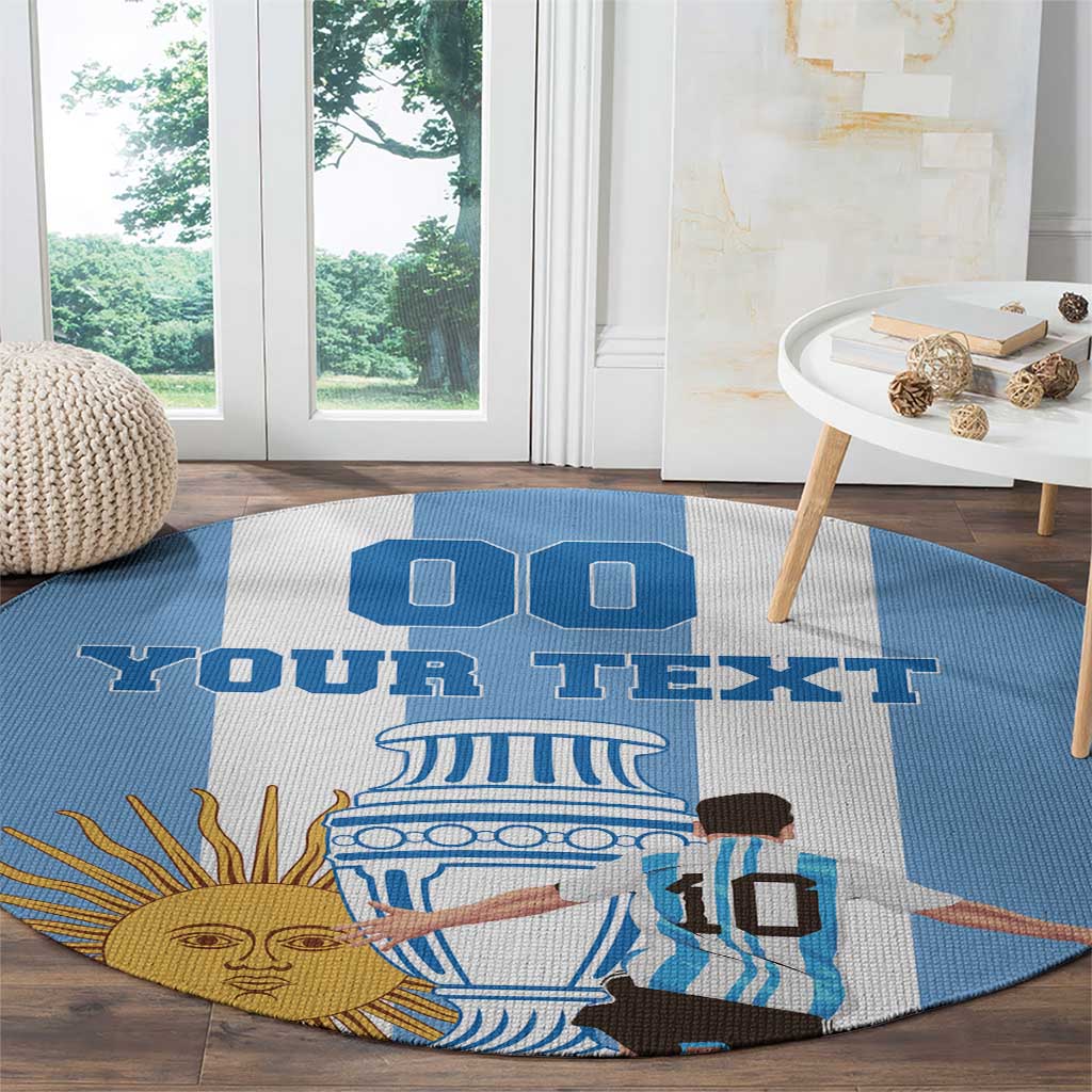 Round blue-and-white printed carpet with custom text and sun face with Argentina figure art