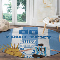 Round blue-and-white printed carpet with custom text and sun face with Argentina figure art