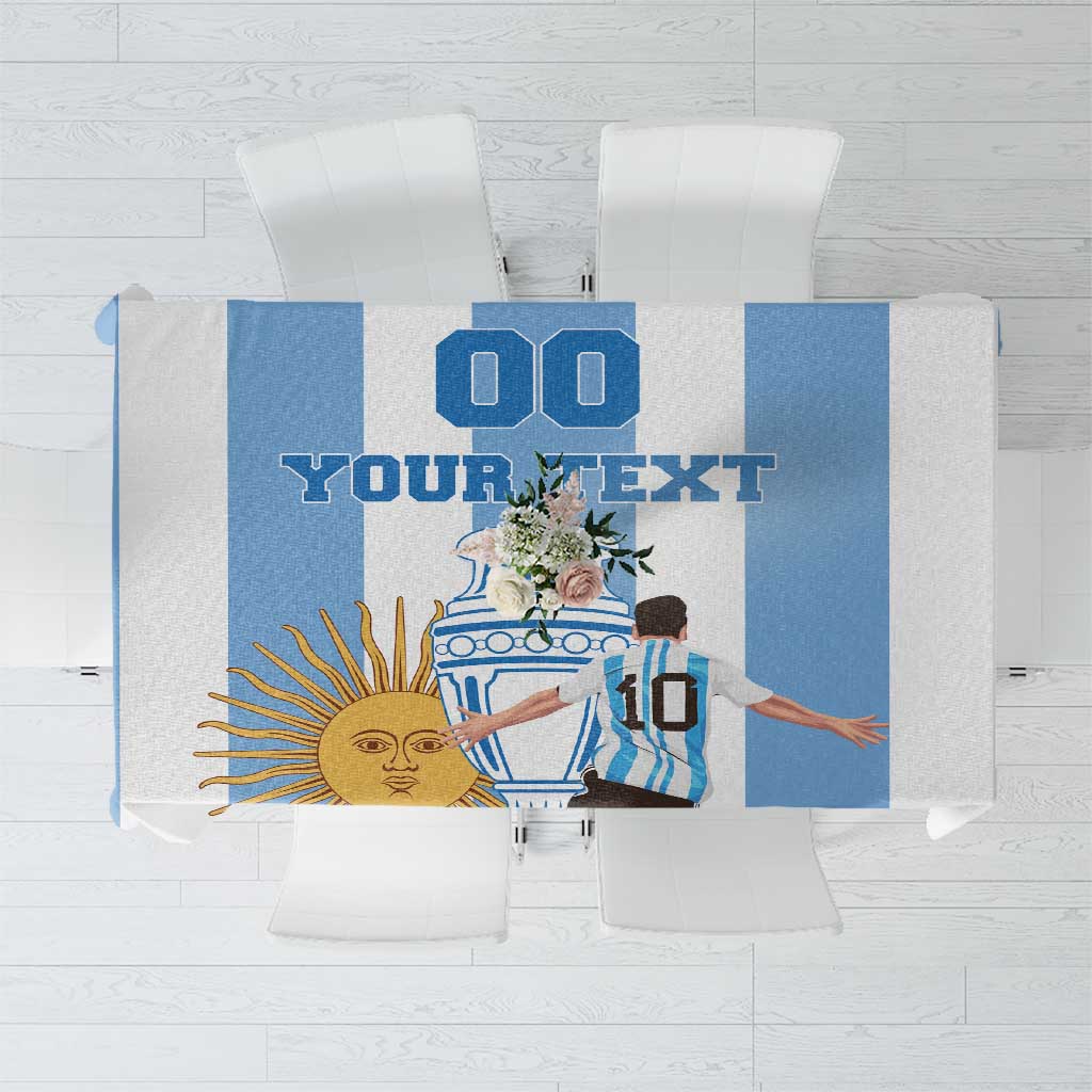 Custom Argentina football tablecloth with blue panel and sun, trophy, and player graphic.