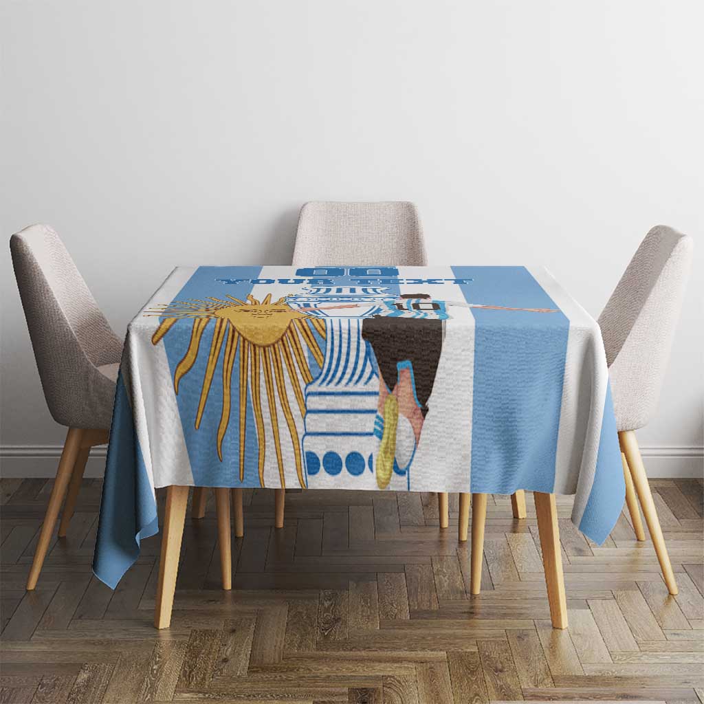 Rectangular blue and white tablecloth featuring sun, player, and trophy graphics on top.