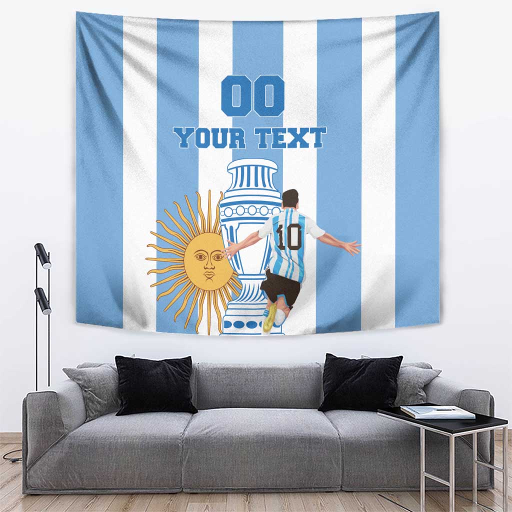 Blue and white striped football tapestry with central player and sun emblem