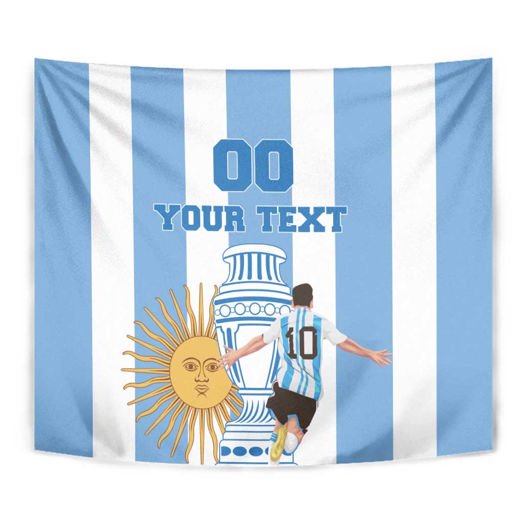 Blue and white striped tapestry close-up with football player, sun emblem, and "YOUR TEXT"