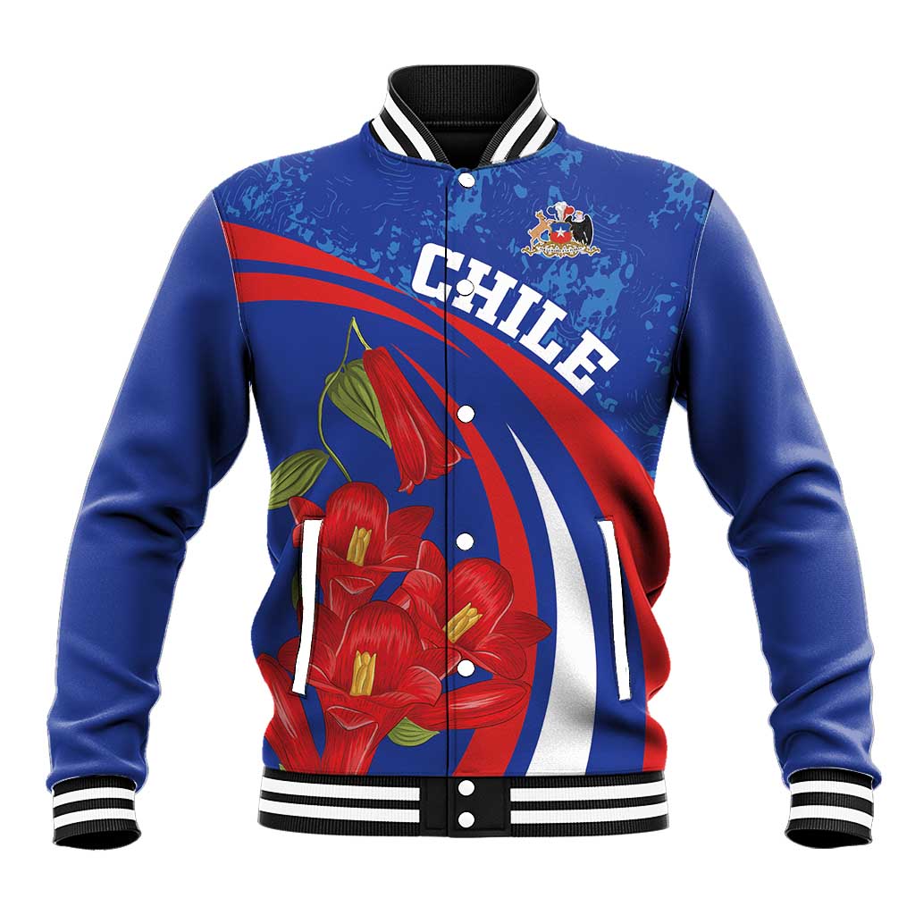 Blue baseball jacket with red/white stripes, floral graphic, snap buttons, ribbed trim
