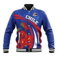 Blue baseball jacket with red/white stripes, floral graphic, snap buttons, ribbed trim