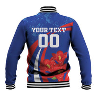 Blue baseball jacket back with YOUR TEXT 00, red/white stripes, floral print, ribbed trim