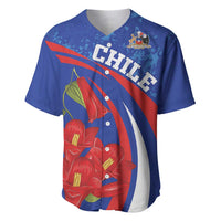 Blue baseball jersey with red-and-white diagonal stripe, CHILE front graphic and snap buttons