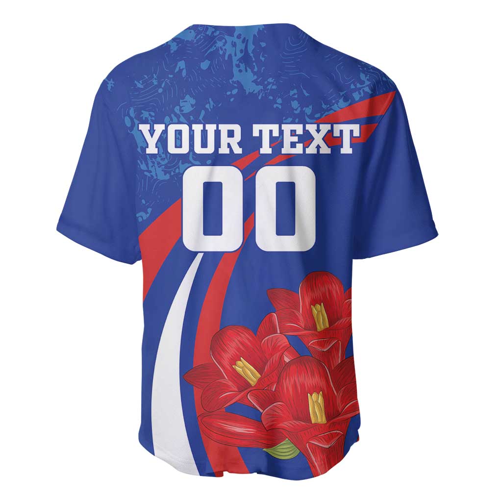 Blue baseball jersey with back YOUR TEXT and 00 numbers, red-white diagonal stripe and red flowers