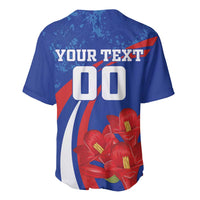Blue baseball jersey with back YOUR TEXT and 00 numbers, red-white diagonal stripe and red flowers