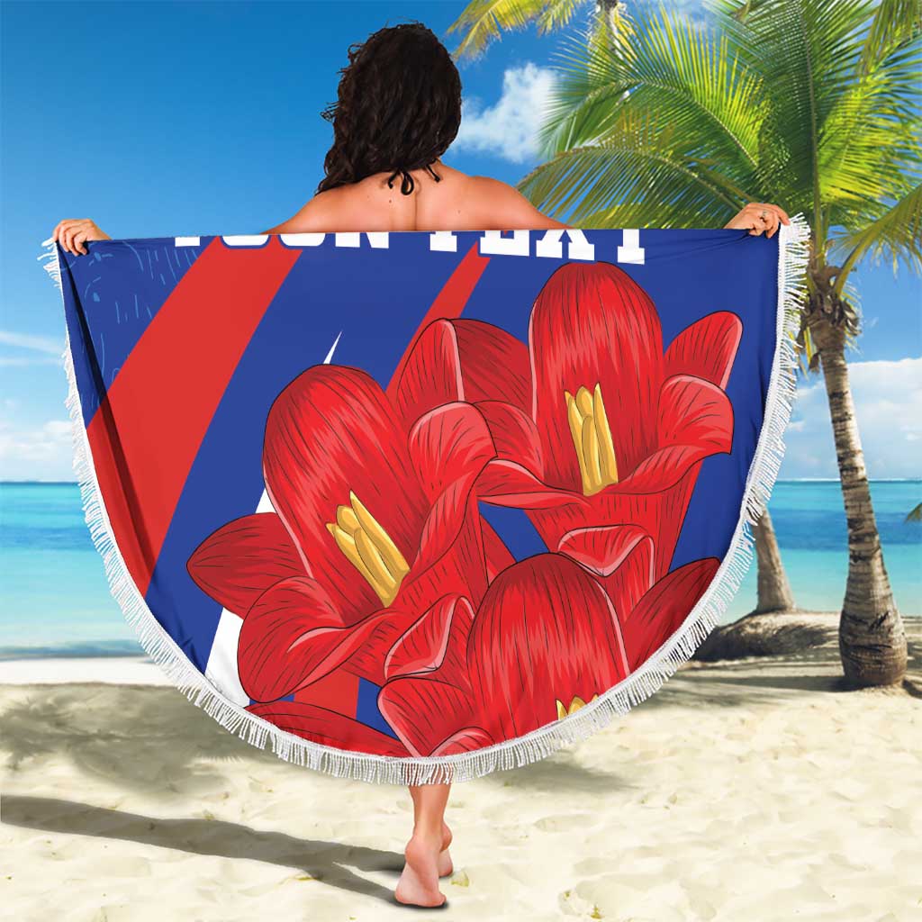 Round blue beach blanket with red diagonal stripes, red flowers, white fringe, “YOUR TEXT”