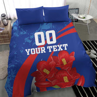 Blue bedding set with two pillowcases, red floral print, and large '00 YOUR TEXT'