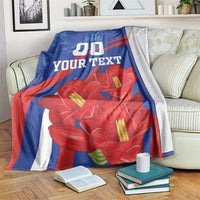 Custom lapageria blanket in blue, red, and white with red flowers and '00 YOUR TEXT'.