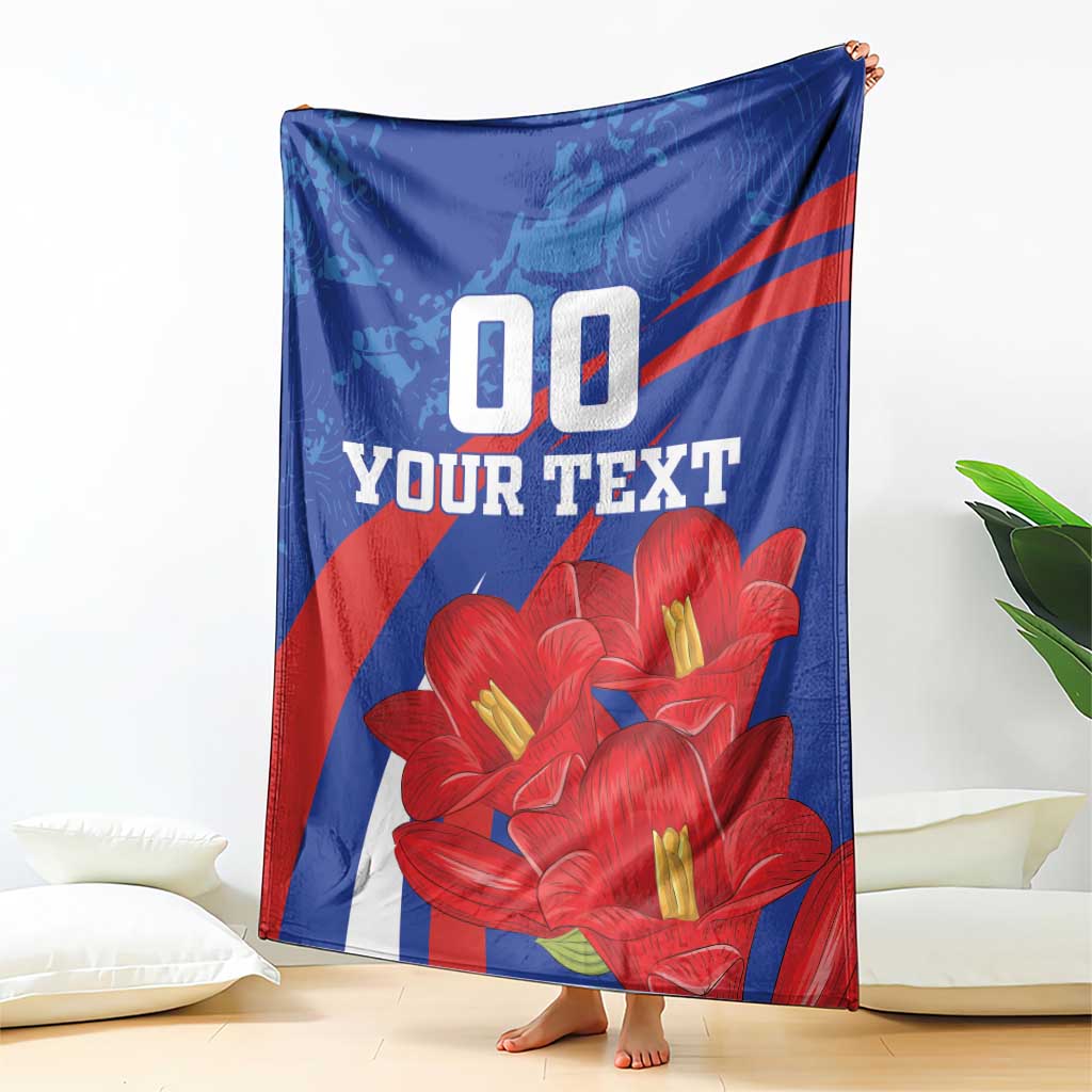 Custom lapageria blanket with blue field, red stripe, red flowers, and '00 YOUR TEXT'.