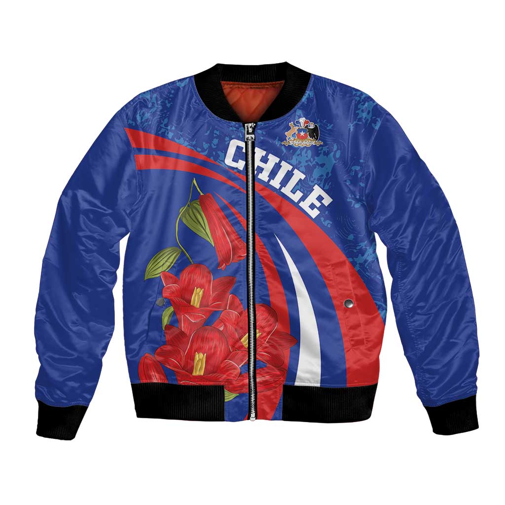 Blue bomber jacket with full-zip front, black ribbed cuffs, Chile stripes and red flowers